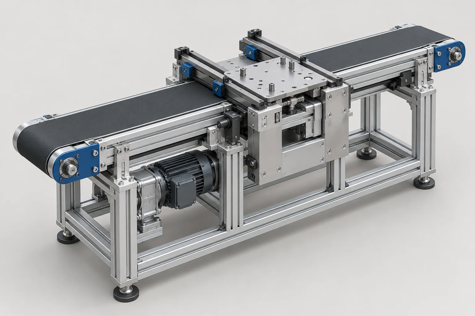 Concept illustration of a conveyor assembly showing frame, drive, rails, and mechanical interfaces
