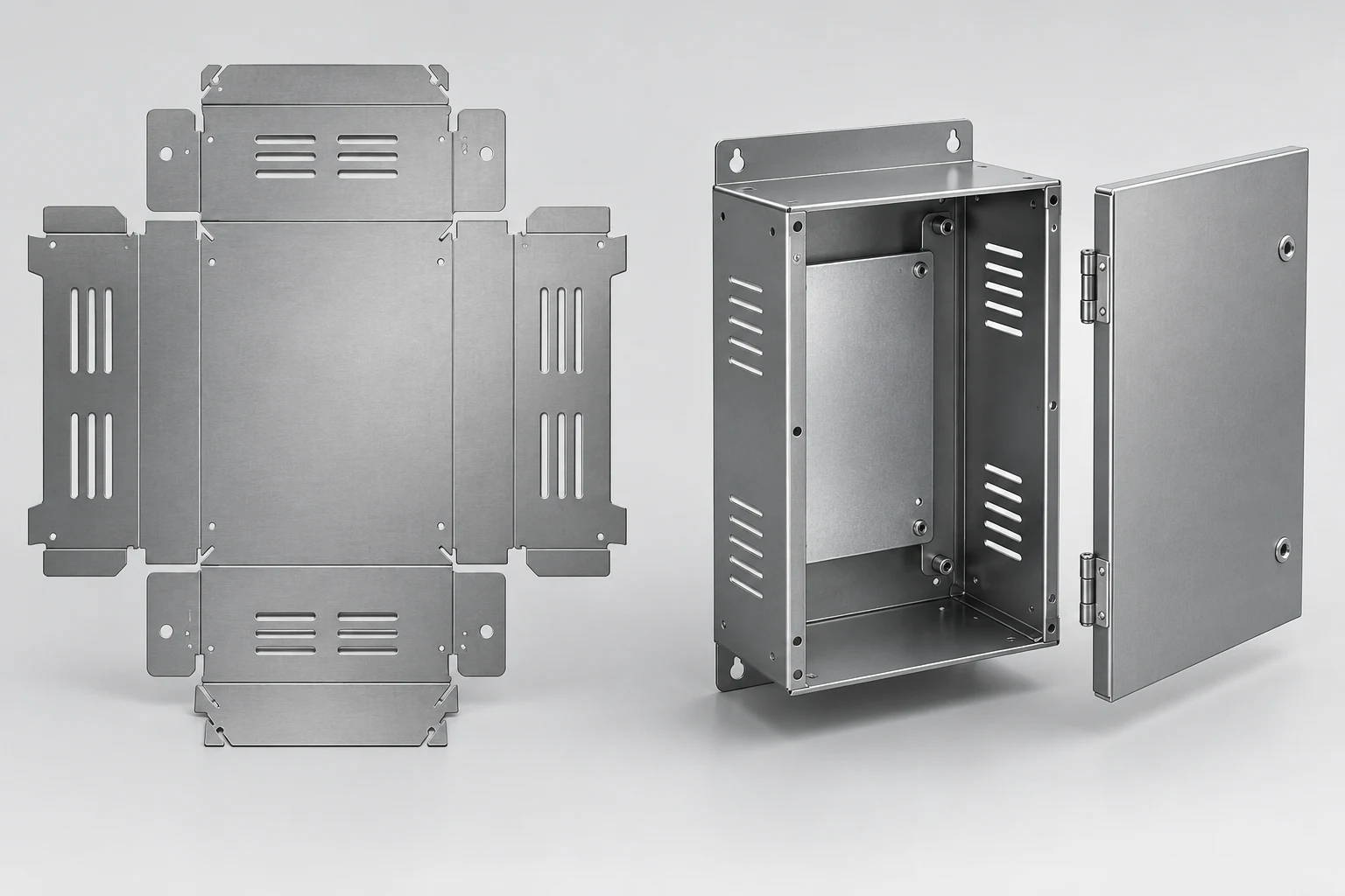 Concept illustration of a sheet-metal enclosure, detached door, and unfolded blank